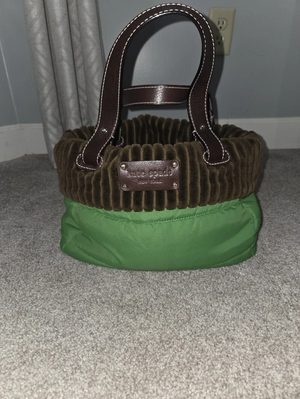 kate spade Green and Brown Corduroy-Trim Bucket Bag
